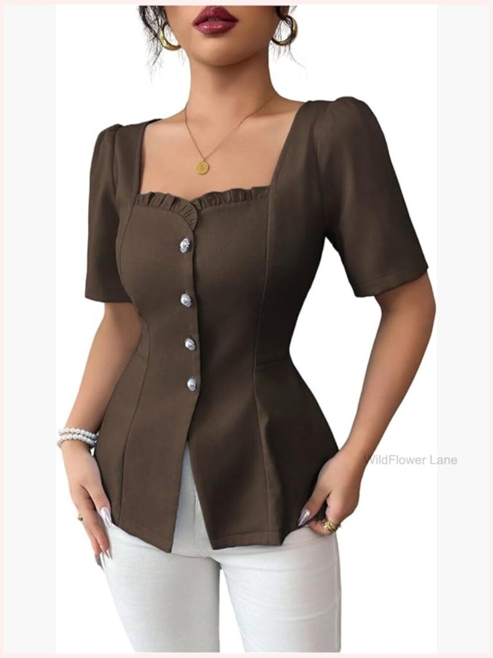 Womens Elegant Puff Sleeve Peplum Square Neck Blouse Top